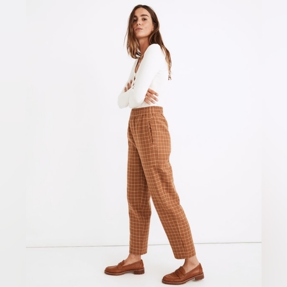 Madewell Waffleback‎ Pull-On High-Rise Tapered Pants Windowpane Brown Size S - Picture 2 of 14